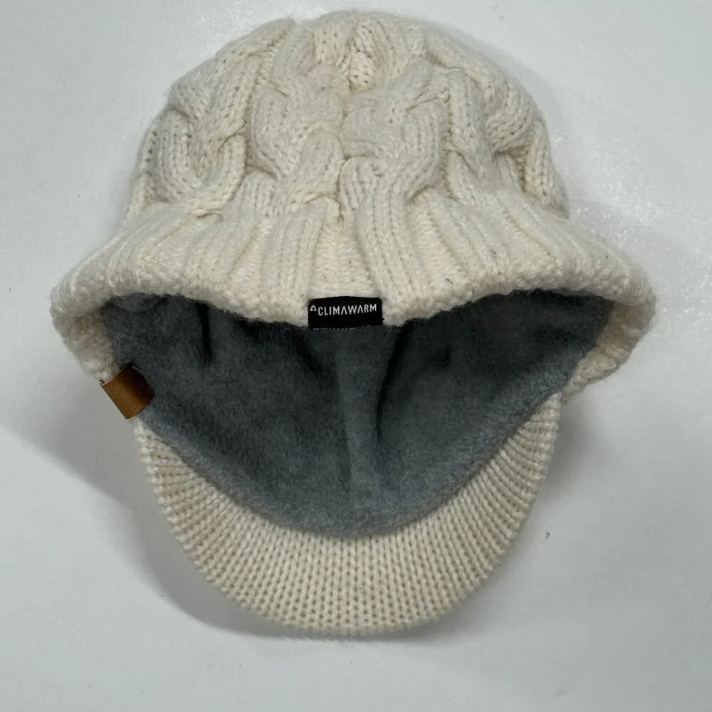 Adidas Climawarm Cable Knit Beanie Hat Brim White Lined Winter‎ Acrylic Womens